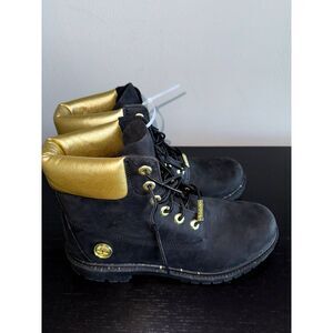 TIMBERLAND WOMEN'S HERITAGE 6'' INCH WATERPROOF BOOT BLACK NUBUCK W GOLD A5RRM